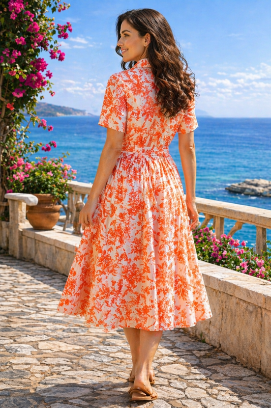 More Fashion Orange Floral Printed Rayon Midi Dress with Belt