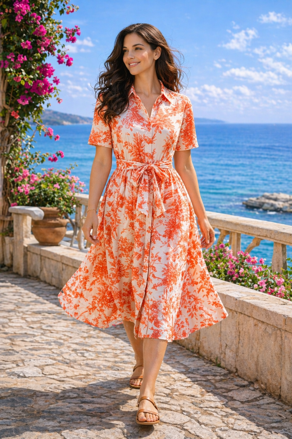 More Fashion Orange Floral Printed Rayon Midi Dress with Belt