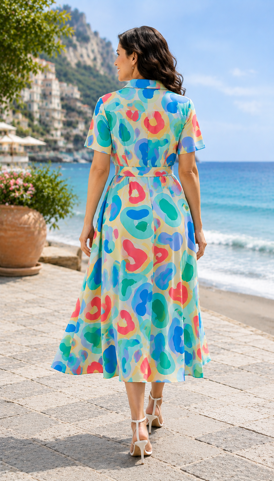 More Fashion Vibrant Abstract Print Shirt Midi Dress with Waist Tie Belt