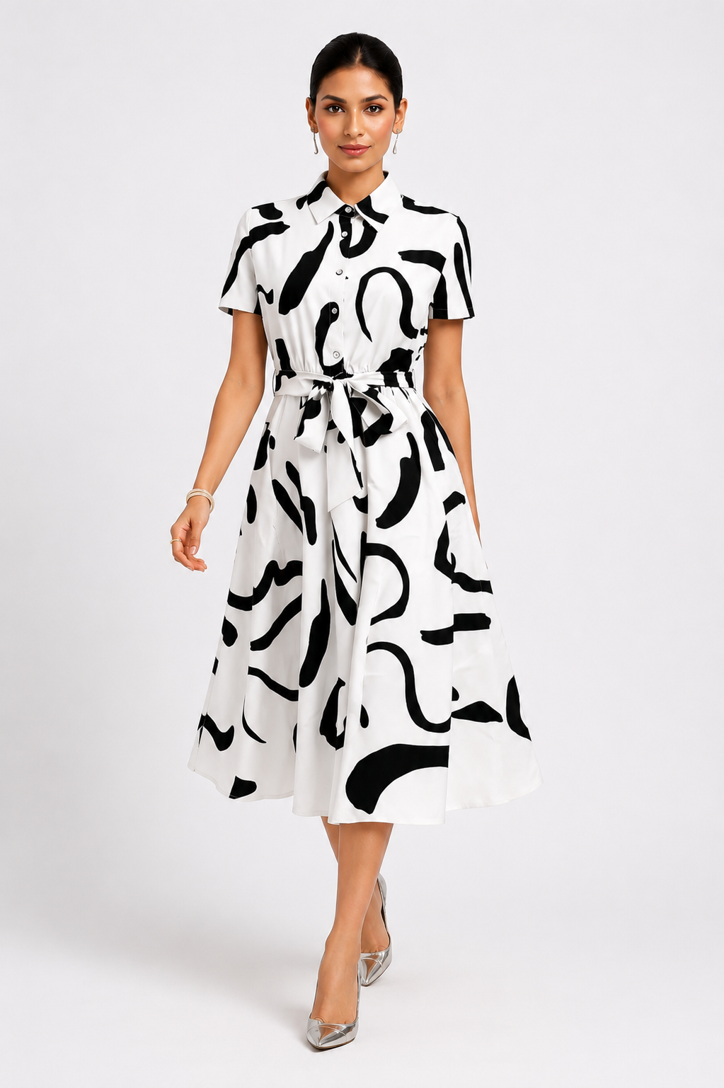 More Fashion Monochrome Abstract Print Shirt Midi Dress with Waist Tie Belt