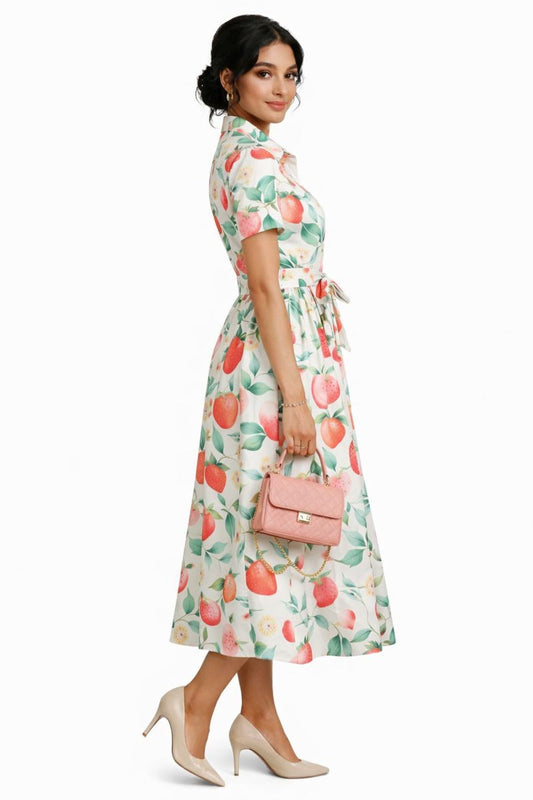 Morefashion Strawberry Bliss Printed Shirt Midi Dress for Women