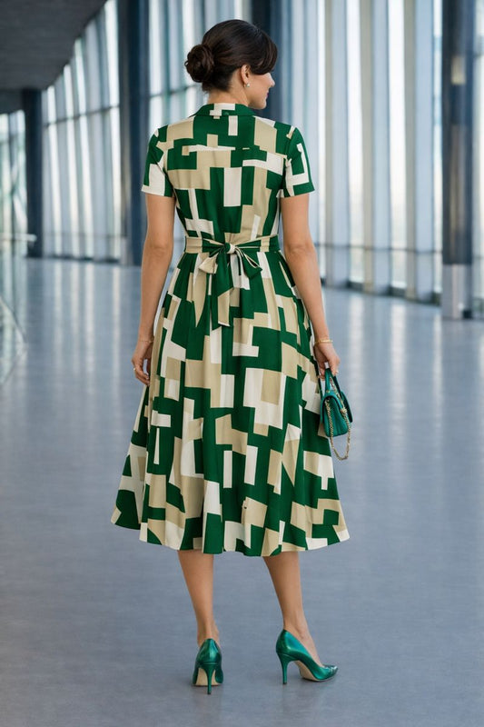 Morefashion Women’s Abstract Geometric Print Midi Dress with Belt Elegant Western Wear