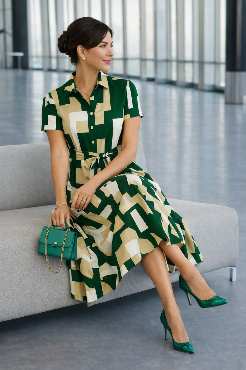 Morefashion Womenโs Abstract Geometric Print Midi Dress with Belt Elegant Western Wear