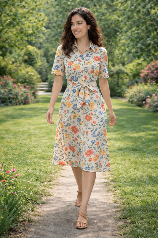 More Fashion Elegant Floral Print Shirt Midi Dress with Waist Tie Belt