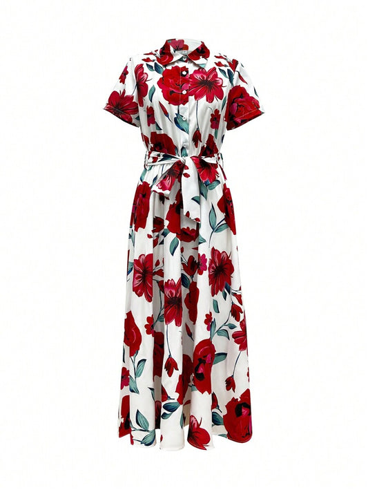 More Fashion Elegant White Floral Shirt Midi Dress Bloom with Grace