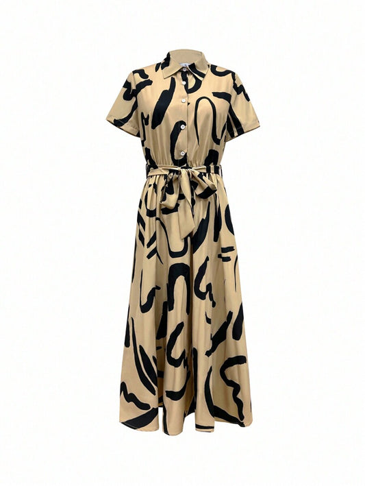 More Fashion Chic Beige and Black Abstract Shirt Midi Dress Belted Elegance