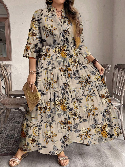 Autumn Bloom Tiered Maxi Dress β Beige with Yellow & Charcoal Floral Print