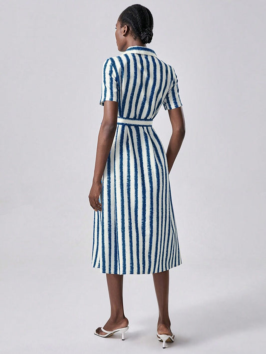 More Fashion Navy White Vertical Striped Shirt with Belt Dress