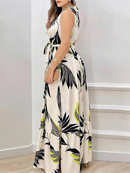 More Fashion Chic Tropical Leaf Print Maxi Dress with Waist Tie Belt