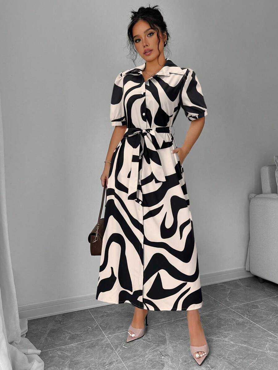 Black & White Abstract Print Shirt Dress – Belted Midi