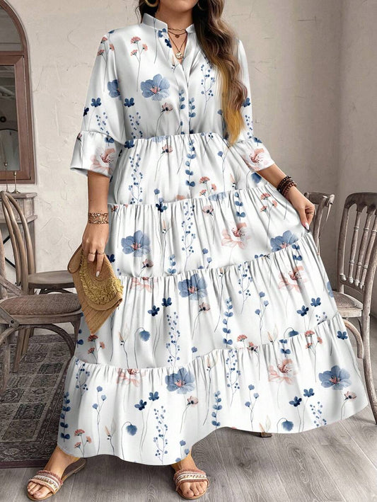 More Fashion Bloom Tiered Maxi Dress White with Soft Pastel Florals