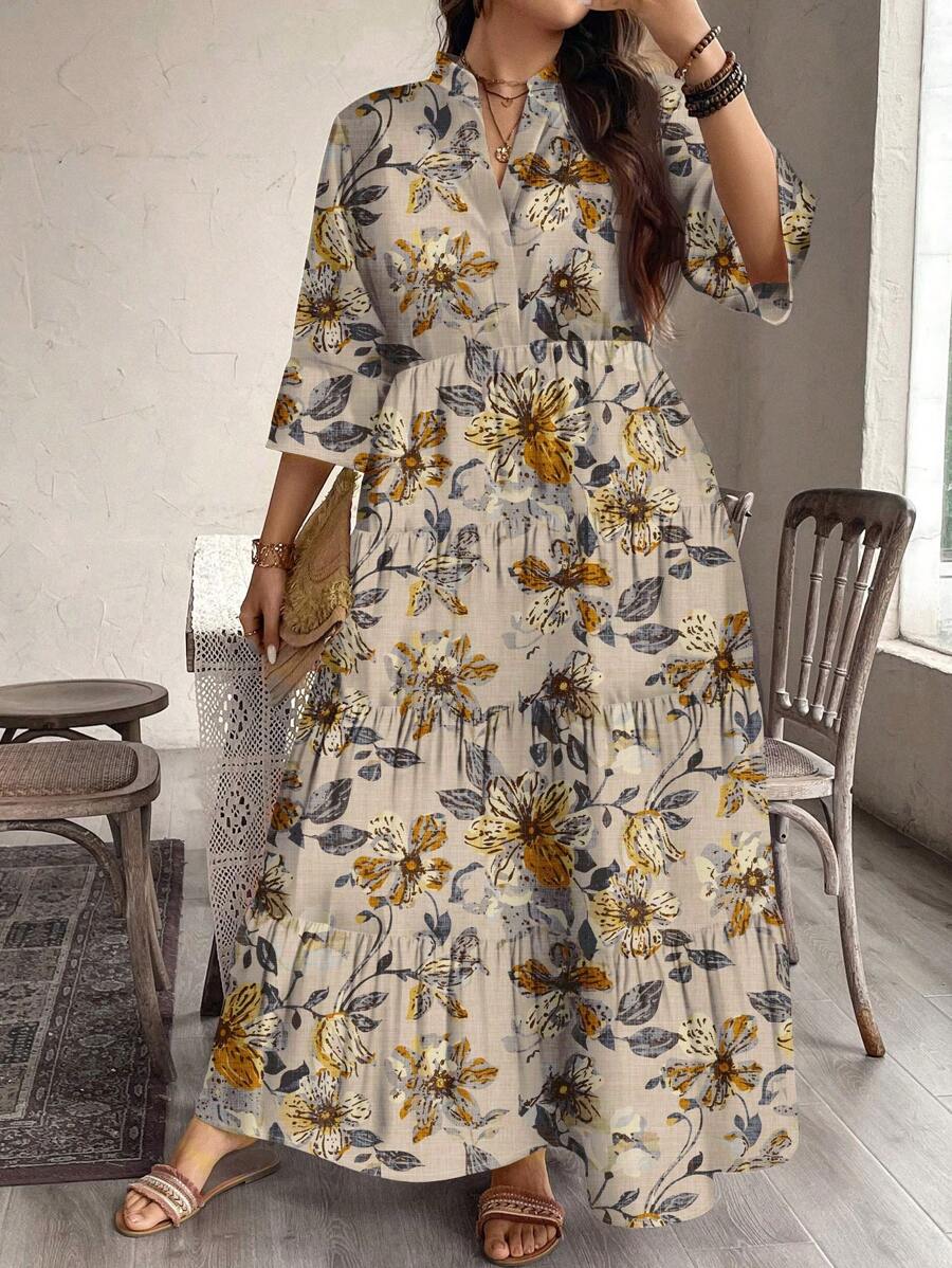 Autumn Bloom Tiered Maxi Dress โ Beige with Yellow & Charcoal Floral Print