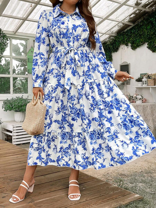Long Sleeve Button-Down Maxi Dress with Blue Floral Print