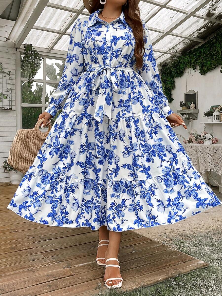 Long Sleeve Button-Down Maxi Dress with Blue Floral Print