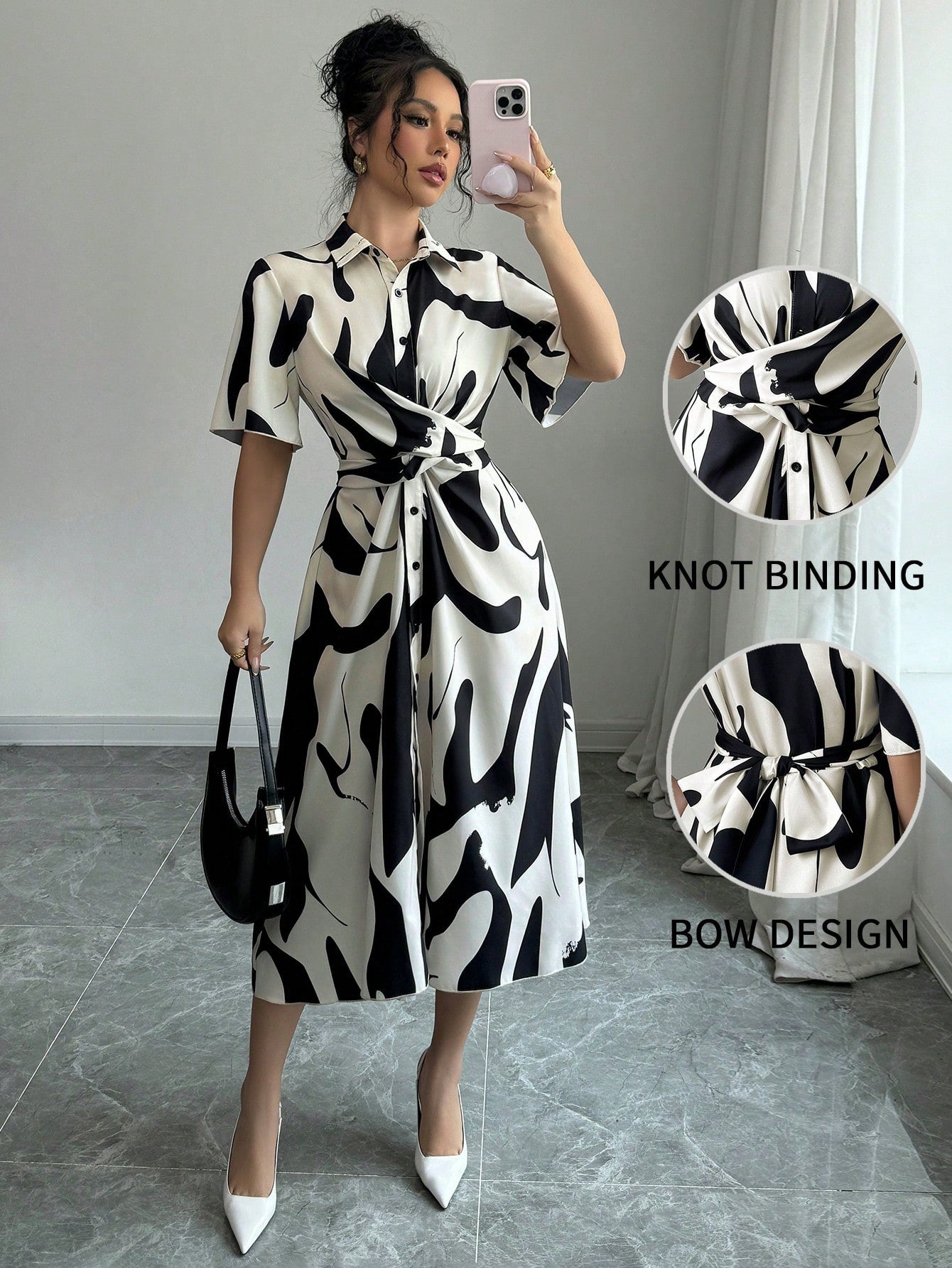 Black & White Abstract Print Shirt Dress – Belted Midi
