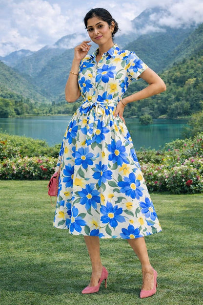 More Fashion Blue & Yellow Floral Printed Rayon Shirt Midi Dress for Women