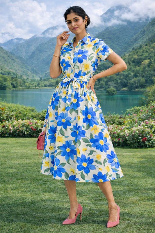 More Fashion Blue & Yellow Floral Printed Rayon Shirt Midi Dress for Women