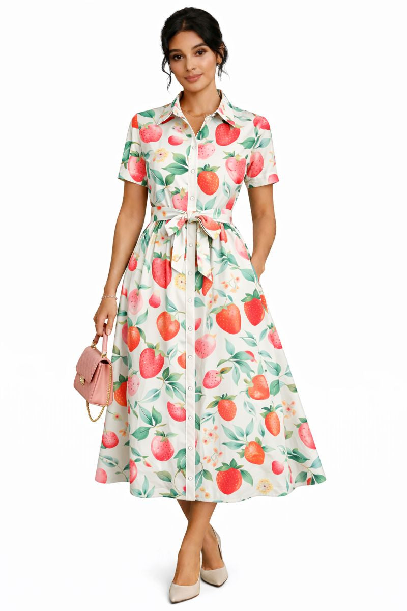 Morefashion Strawberry Bliss Printed Shirt Midi Dress for Women