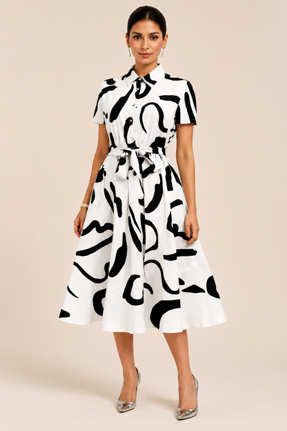 More Fashion Monochrome Abstract Print Shirt Midi Dress with Waist Tie Belt