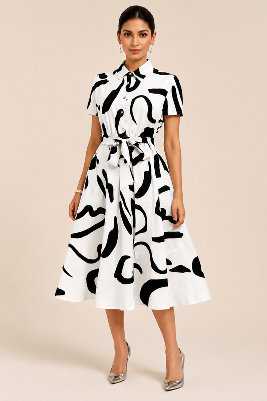 More Fashion Monochrome Abstract Print Shirt Midi Dress with Waist Tie Belt