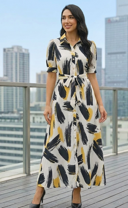 Morefashion Urban Muse Abstract Printed Shirt Midi Dress for Women