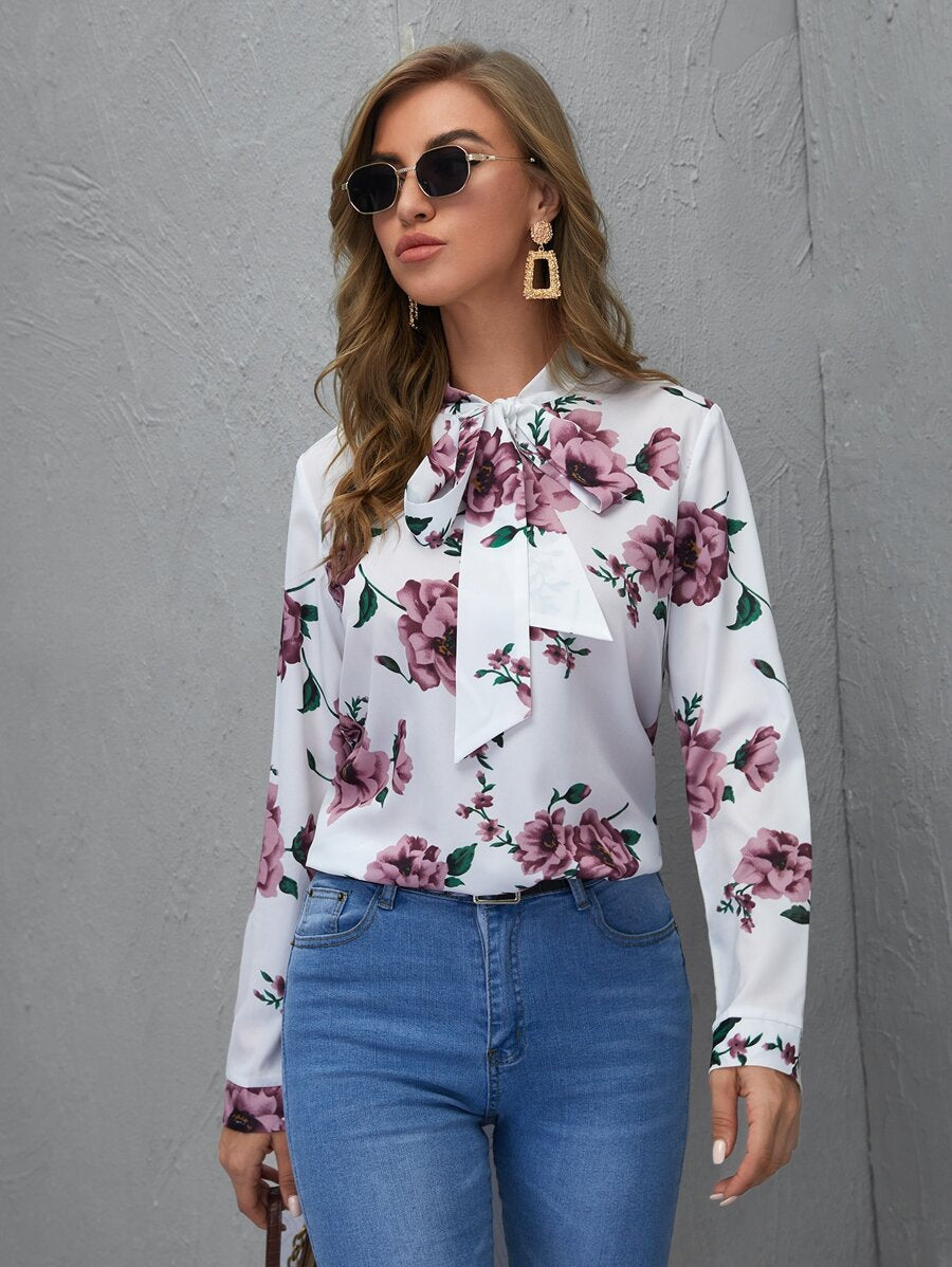 💐 Vintage Bloom Floral Bow-Tie Blouse – Elegant Charm Redefined