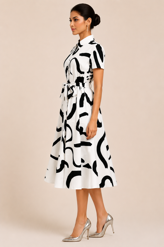 More Fashion Monochrome Abstract Print Shirt Midi Dress with Waist Tie Belt