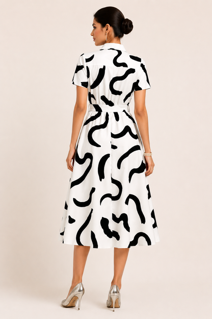 More Fashion Monochrome Abstract Print Shirt Midi Dress with Waist Tie Belt