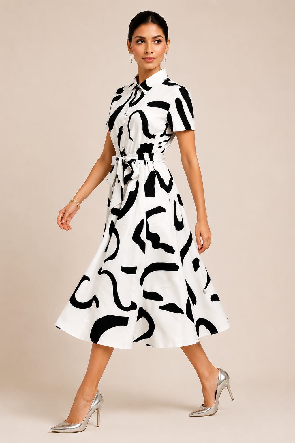 More Fashion Monochrome Abstract Print Shirt Midi Dress with Waist Tie Belt