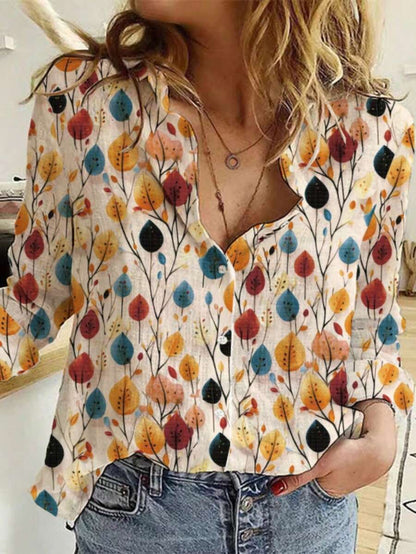 Women's Autumn Leaf Print Button-Down Shirt – Lightweight