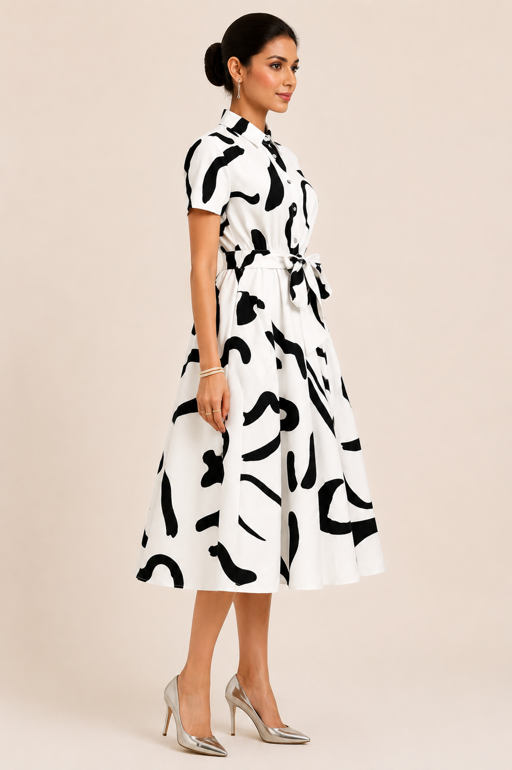 More Fashion Monochrome Abstract Print Shirt Midi Dress with Waist Tie Belt
