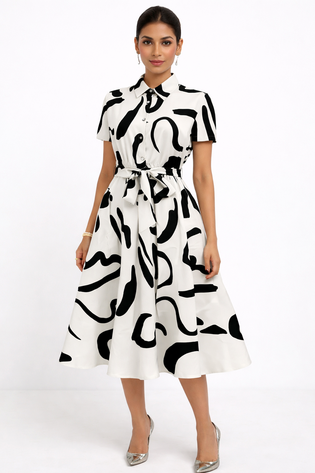 More Fashion Monochrome Abstract Print Shirt Midi Dress with Waist Tie Belt