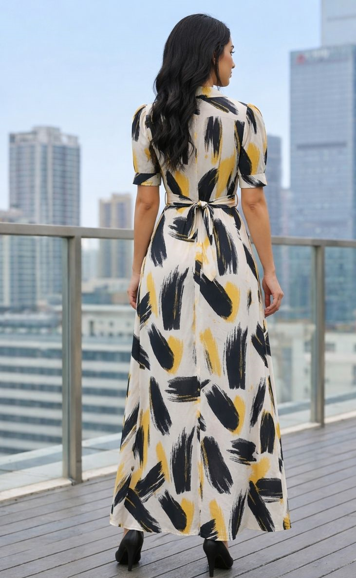 Morefashion Urban Muse Abstract Printed Shirt Midi Dress for Women