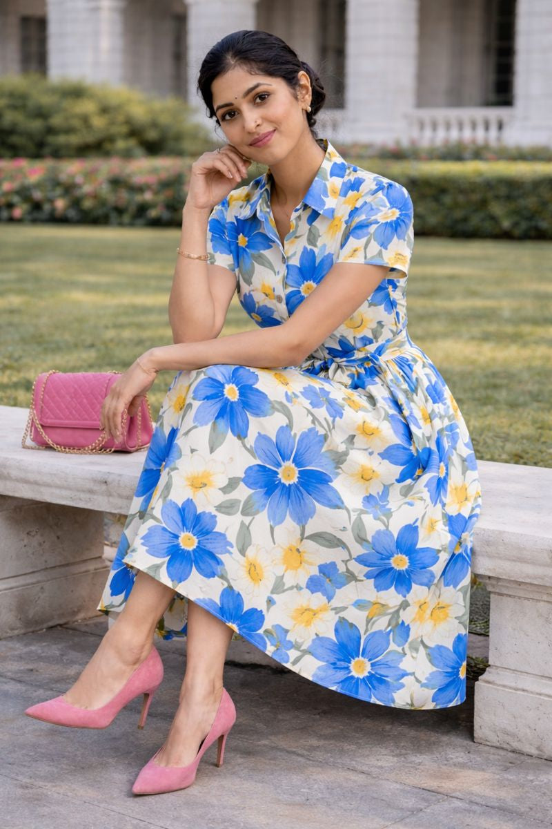 More Fashion Blue & Yellow Floral Printed Rayon Shirt Midi Dress for Women