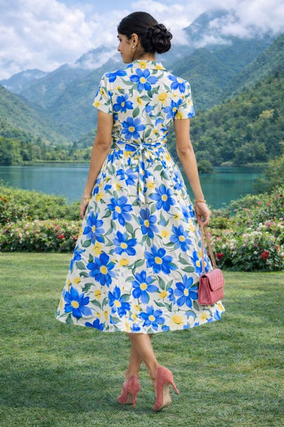 More Fashion Blue & Yellow Floral Printed Rayon Shirt Midi Dress for Women