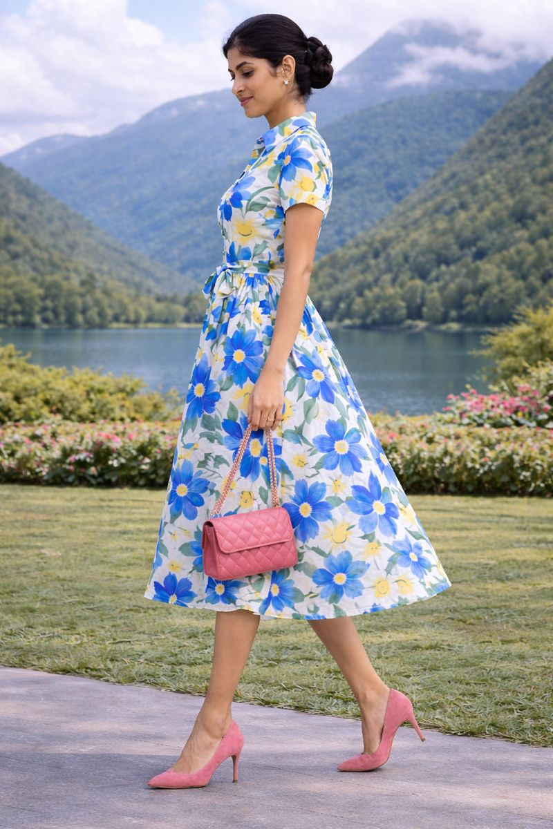 More Fashion Blue & Yellow Floral Printed Rayon Shirt Midi Dress for Women