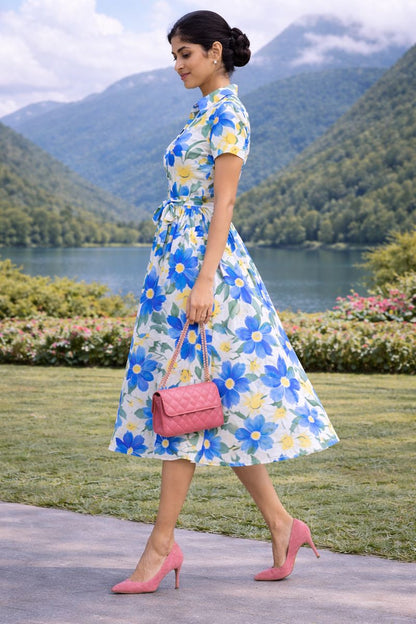 More Fashion Blue & Yellow Floral Printed Rayon Shirt Midi Dress for Women