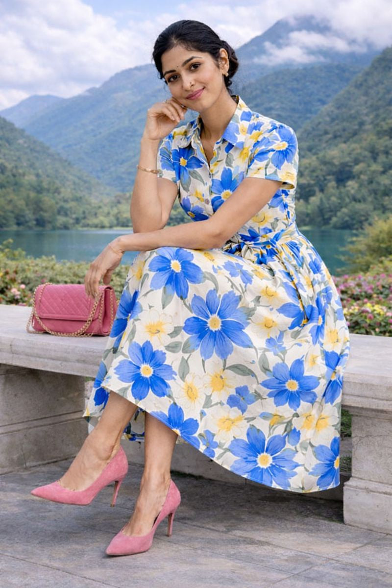 More Fashion Blue & Yellow Floral Printed Rayon Shirt Midi Dress for Women