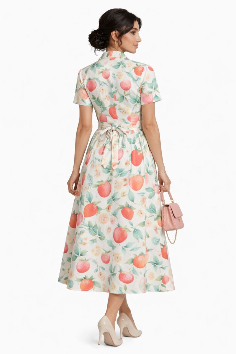 Morefashion Strawberry Bliss Printed Shirt Midi Dress for Women