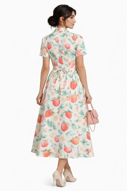 Morefashion Strawberry Bliss Printed Shirt Midi Dress for Women