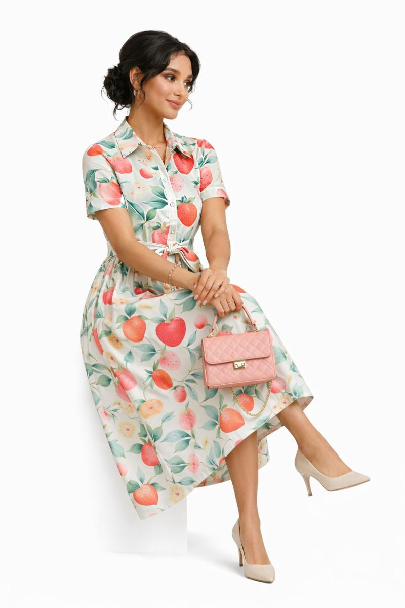 Morefashion Strawberry Bliss Printed Shirt Midi Dress for Women