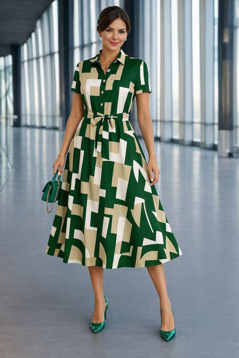 Morefashion Women’s Abstract Geometric Print Midi Dress with Belt Elegant Western Wear