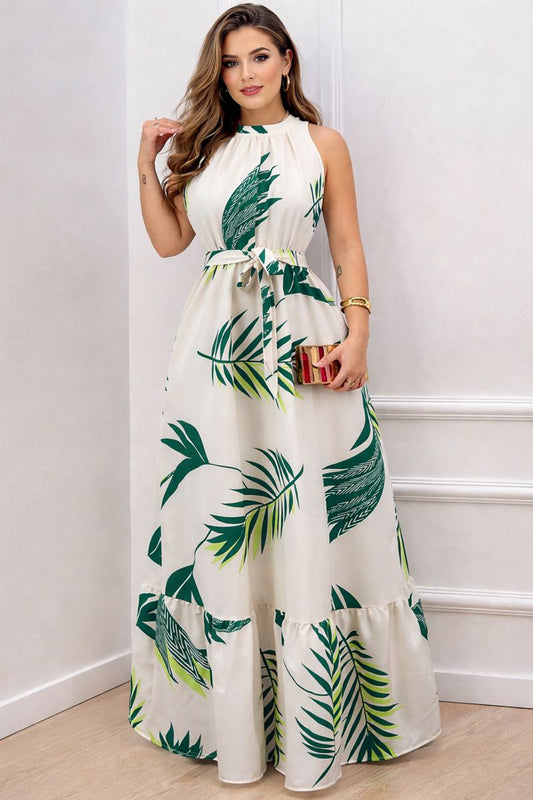 Morefashion Women’s Tropical Leaf Print Sleeveless Maxi Dress with Belt – Elegant Western Wear