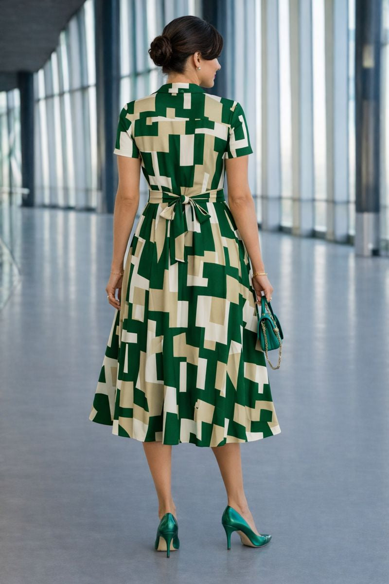 Morefashion Women’s Abstract Geometric Print Midi Dress with Belt Elegant Western Wear