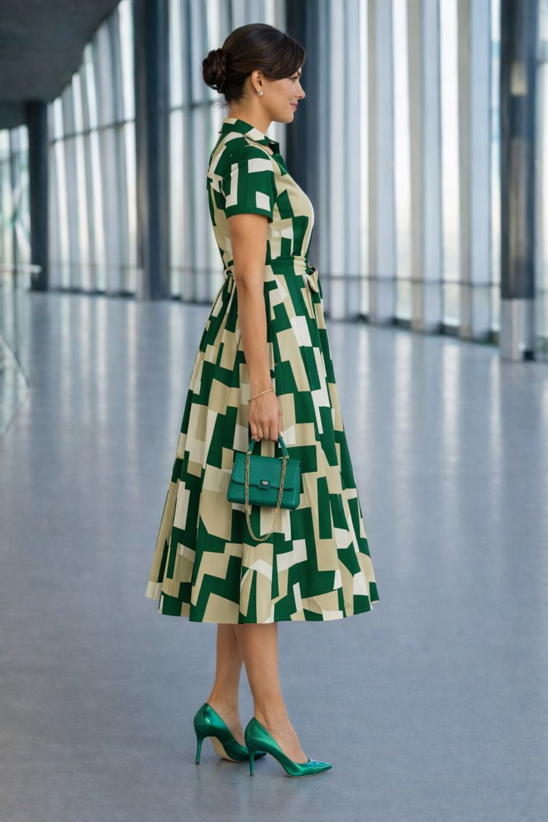 Morefashion Women’s Abstract Geometric Print Midi Dress with Belt Elegant Western Wear