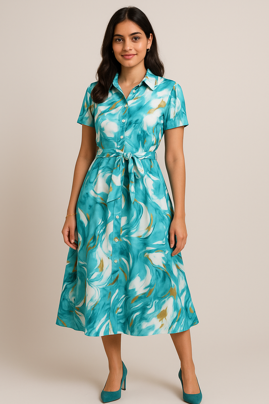 💎 Aqua Blue Marble Print Rayon Maxi Shirt Dress with Belt – Elegant Button-Down Style