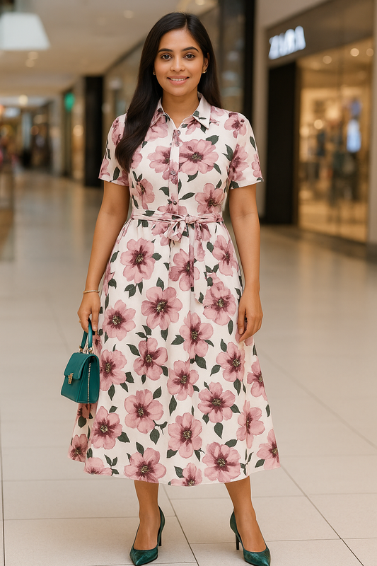 Elegant White & Pink Floral Print Rayon Maxi Shirt Dress with Belt – Casual & Party Wear
