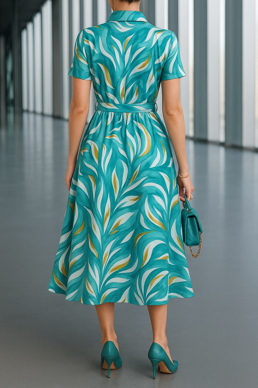 More Fashion Aqua Blue Marble Print Rayon Maxi Shirt Dress with Belt – Elegant Button-Down Style