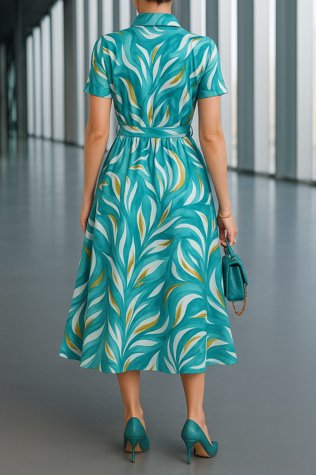 💎 Aqua Blue Marble Print Rayon Maxi Shirt Dress with Belt – Elegant Button-Down Style