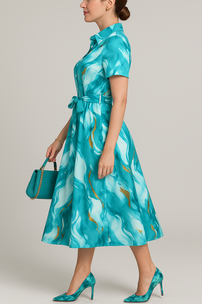 💎 Aqua Blue Marble Print Rayon Maxi Shirt Dress with Belt – Elegant Button-Down Style